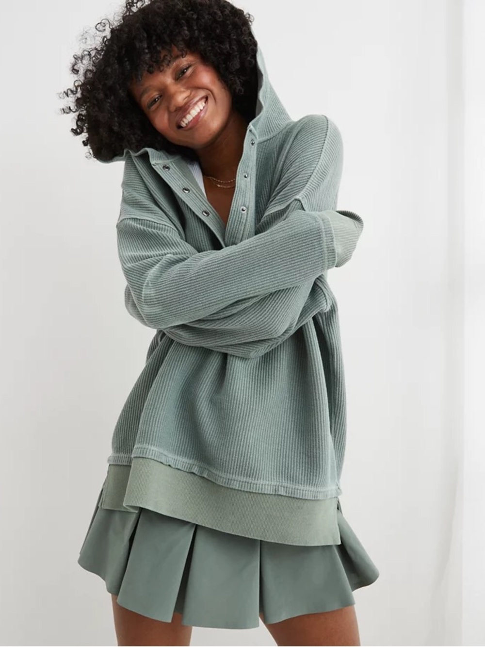 aerie Sage Green Hooded Waffle-Knit Sweatshirt
